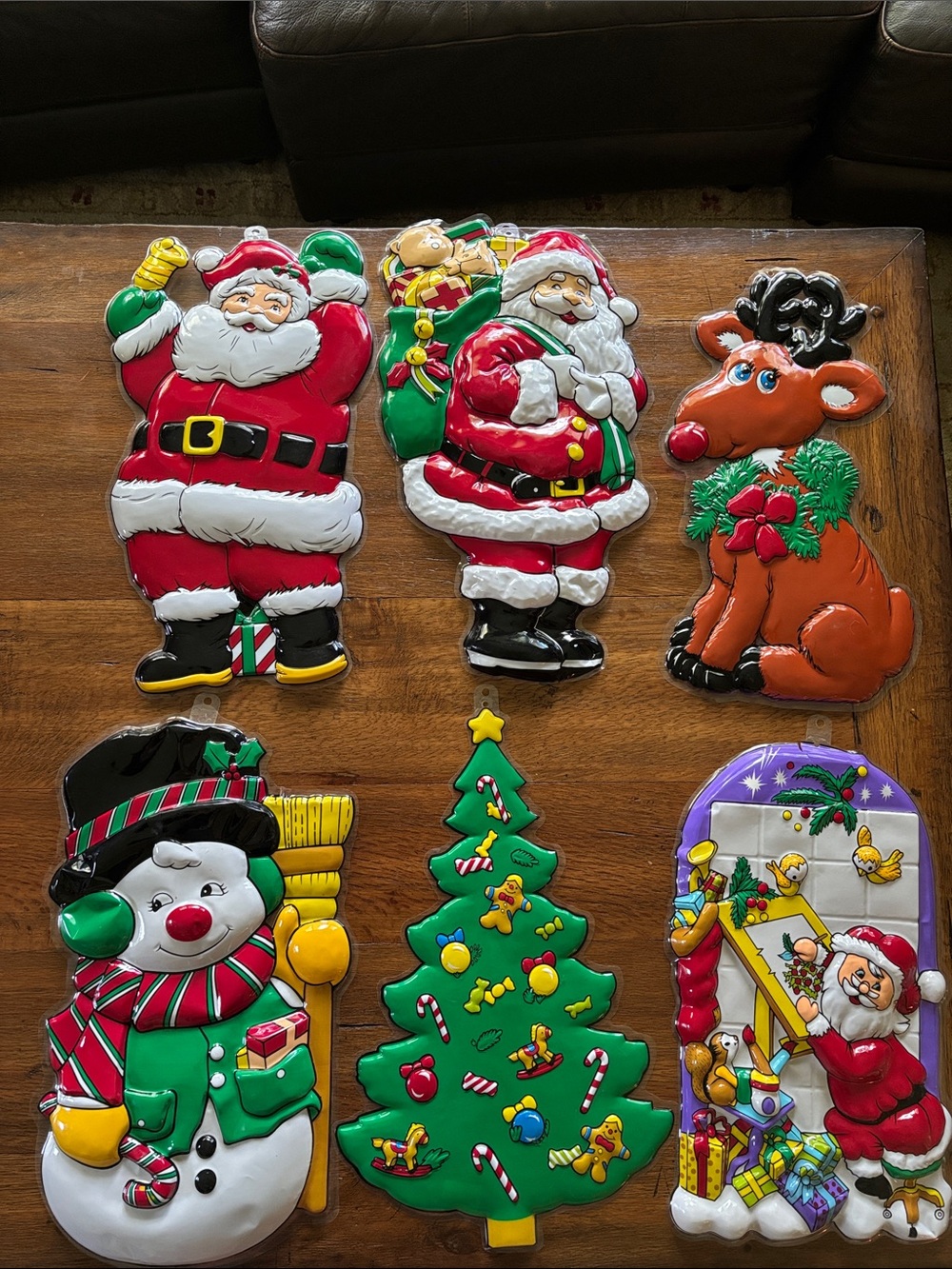 Vintage Christmas Vacuform plastic wall decor set of 6 Santa Snowman Reindeer